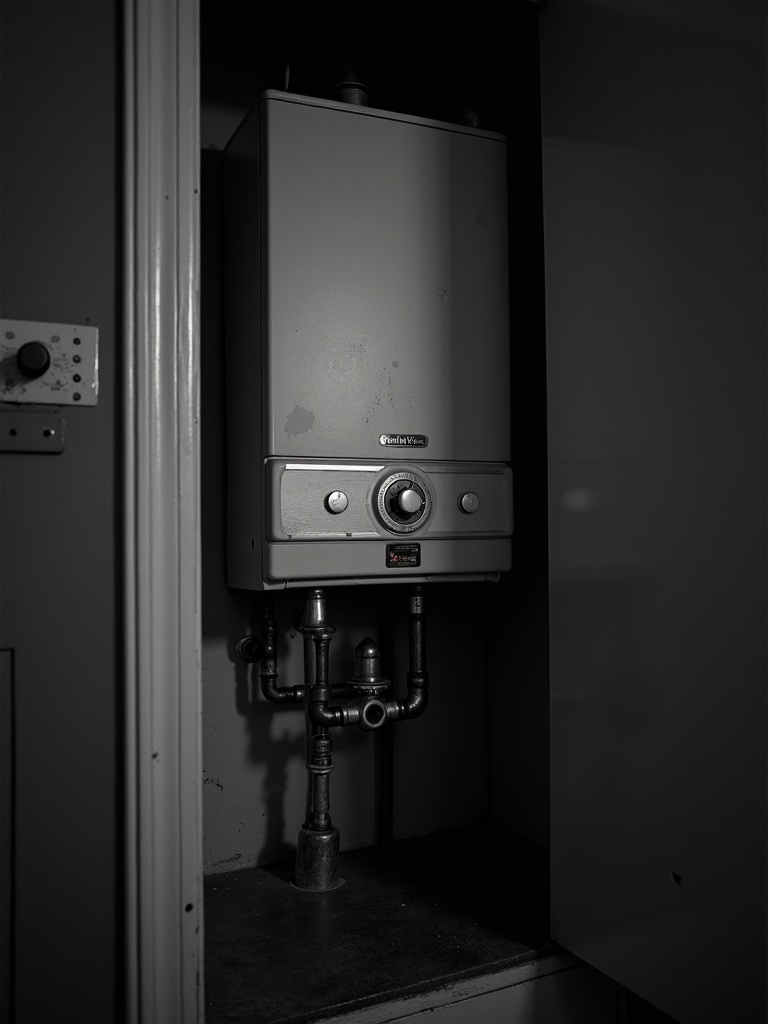 Black and white photograph of a condensing boiler in a cupboard