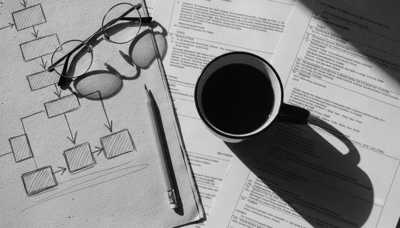 Overhead view of a cup of black coffee resting on printed documents and a hand-drawn flow diagram, with a pencil and reading glasses beside it