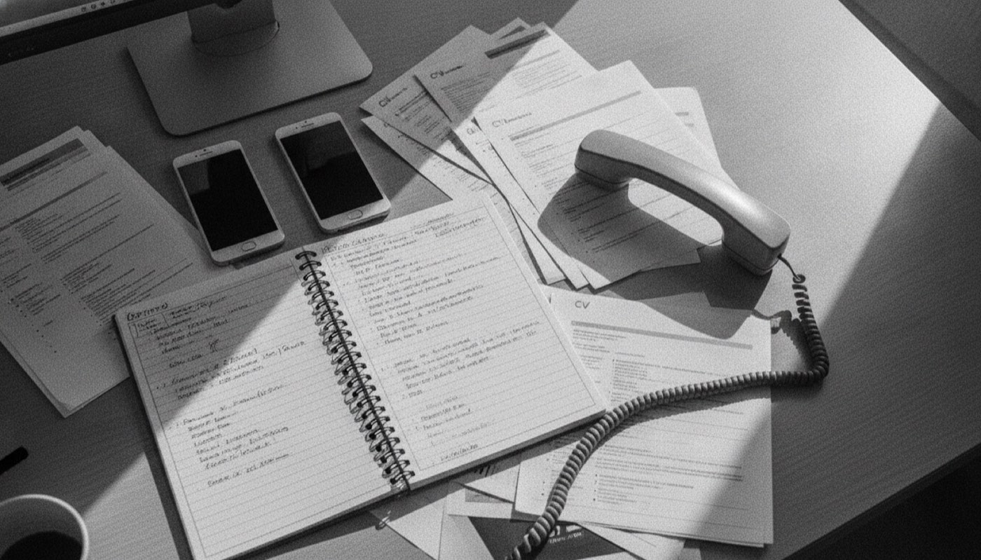 Overhead view of a recruiter's desk with two mobile phones, a landline handset off the hook, an open notebook of handwritten notes and scattered printed CVs