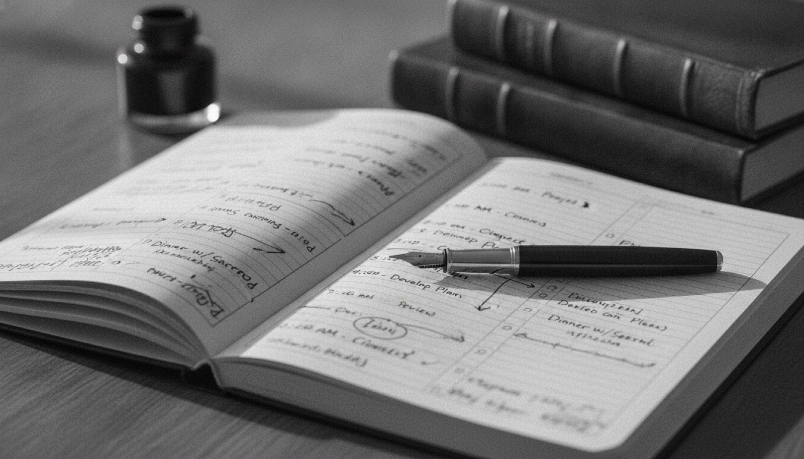 An open week-to-view paper diary densely filled with handwritten meetings, a fountain pen resting across the page