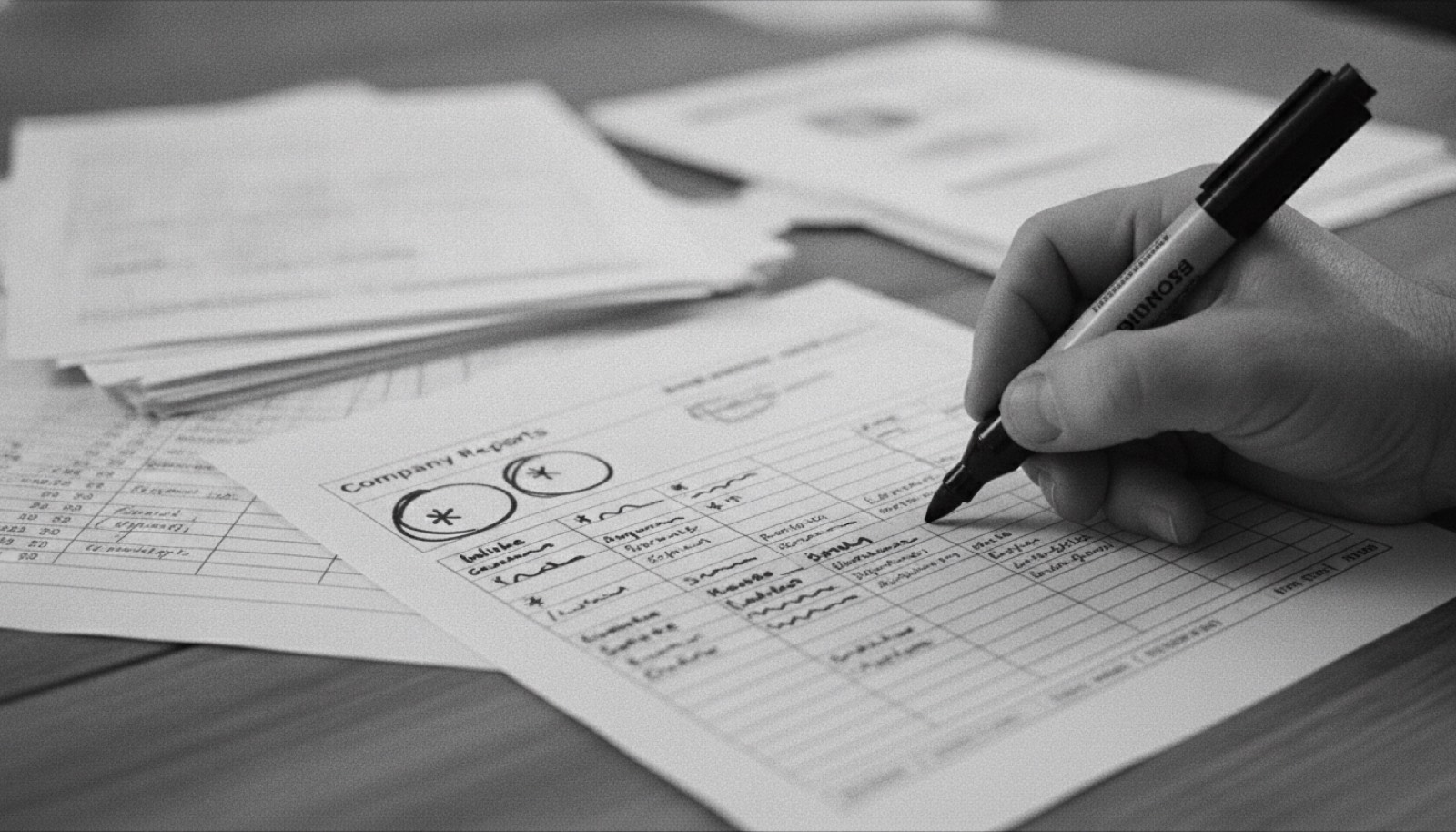 Close-up of printed company lists on a desk, annotated by hand with a marker pen, circles and asterisks against certain rows