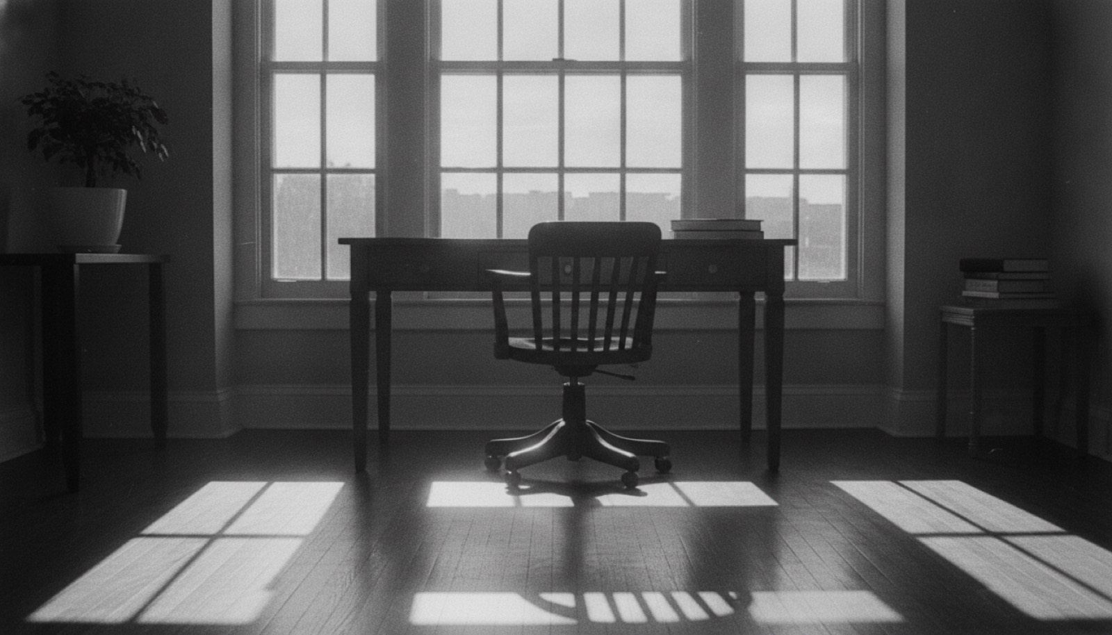A quiet office at golden hour, an empty desk and chair silhouetted against a large sash window with long shadows across the floor