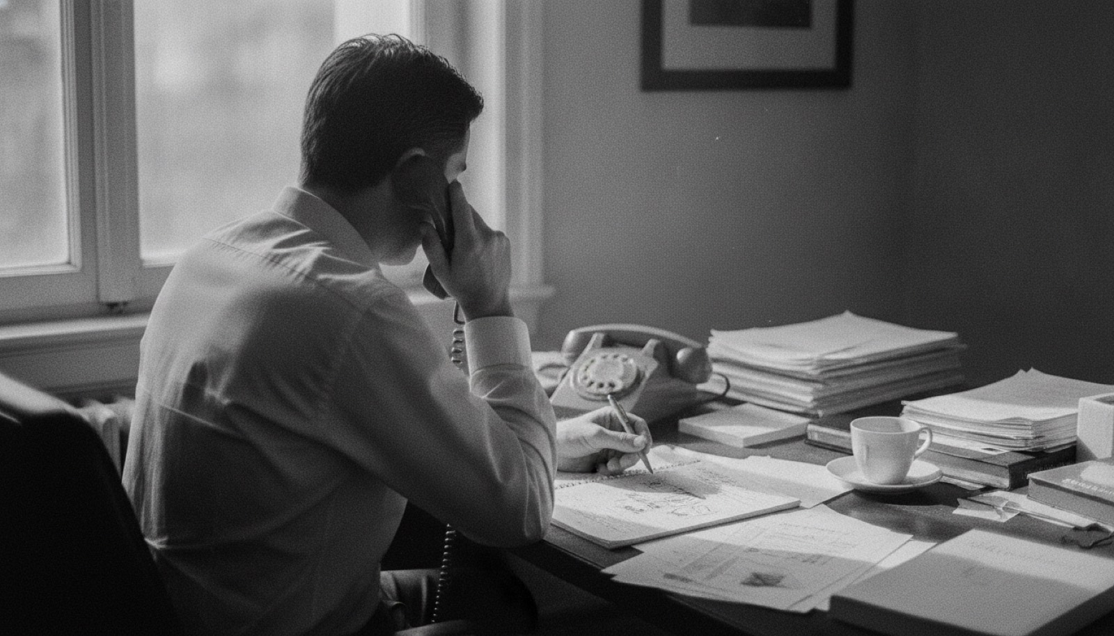 Over-the-shoulder view of a man at a desk mid phone call, gesturing with one hand and taking notes with the other, beside a rotary telephone and stacked paperwork