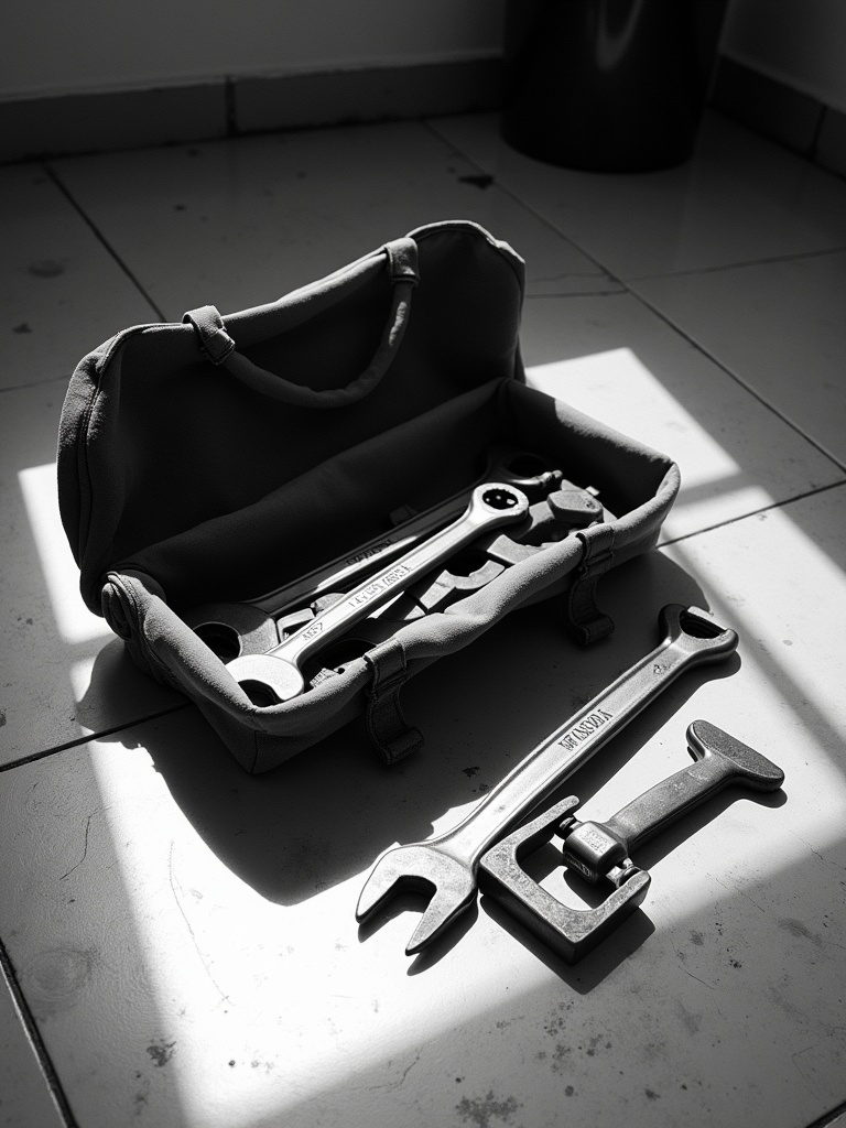 Black and white photograph of a worn tool bag on a kitchen floor