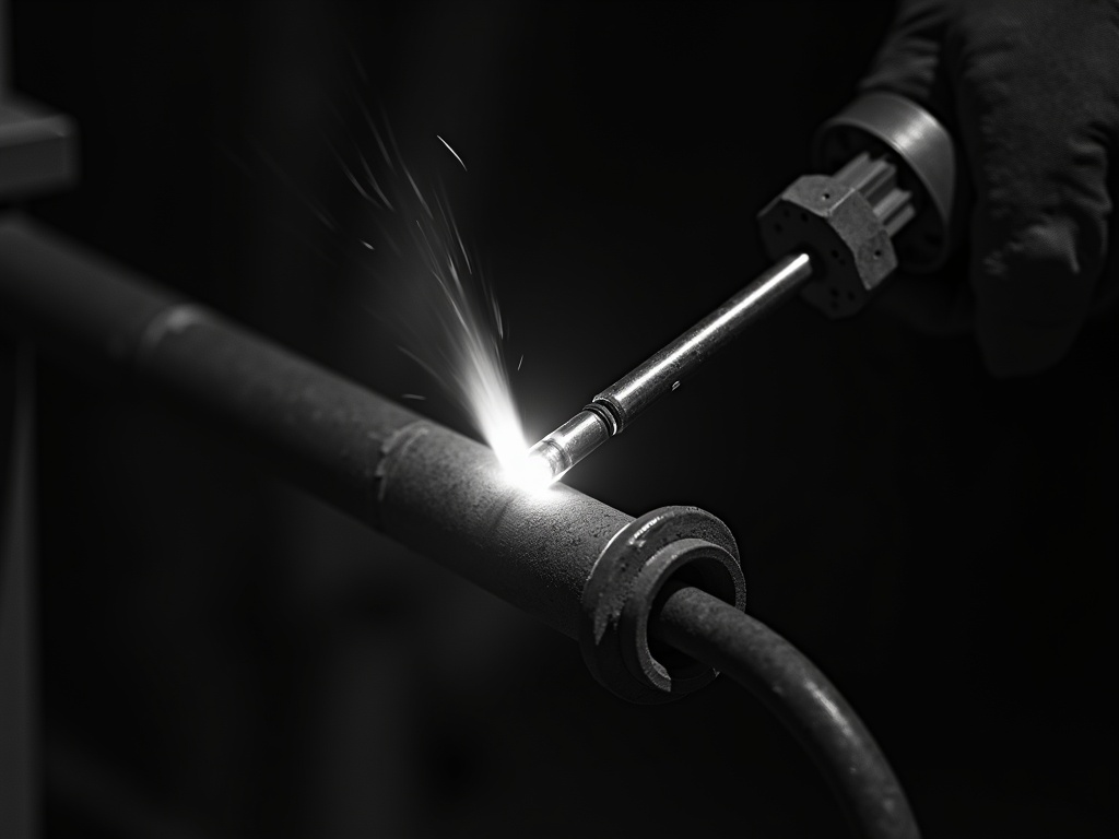 Black and white photograph of a blowtorch soldering a copper pipe