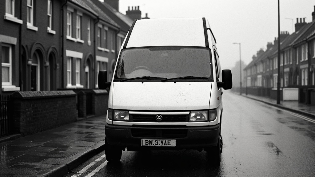 Black and white photograph of a work van parked in British drizzle